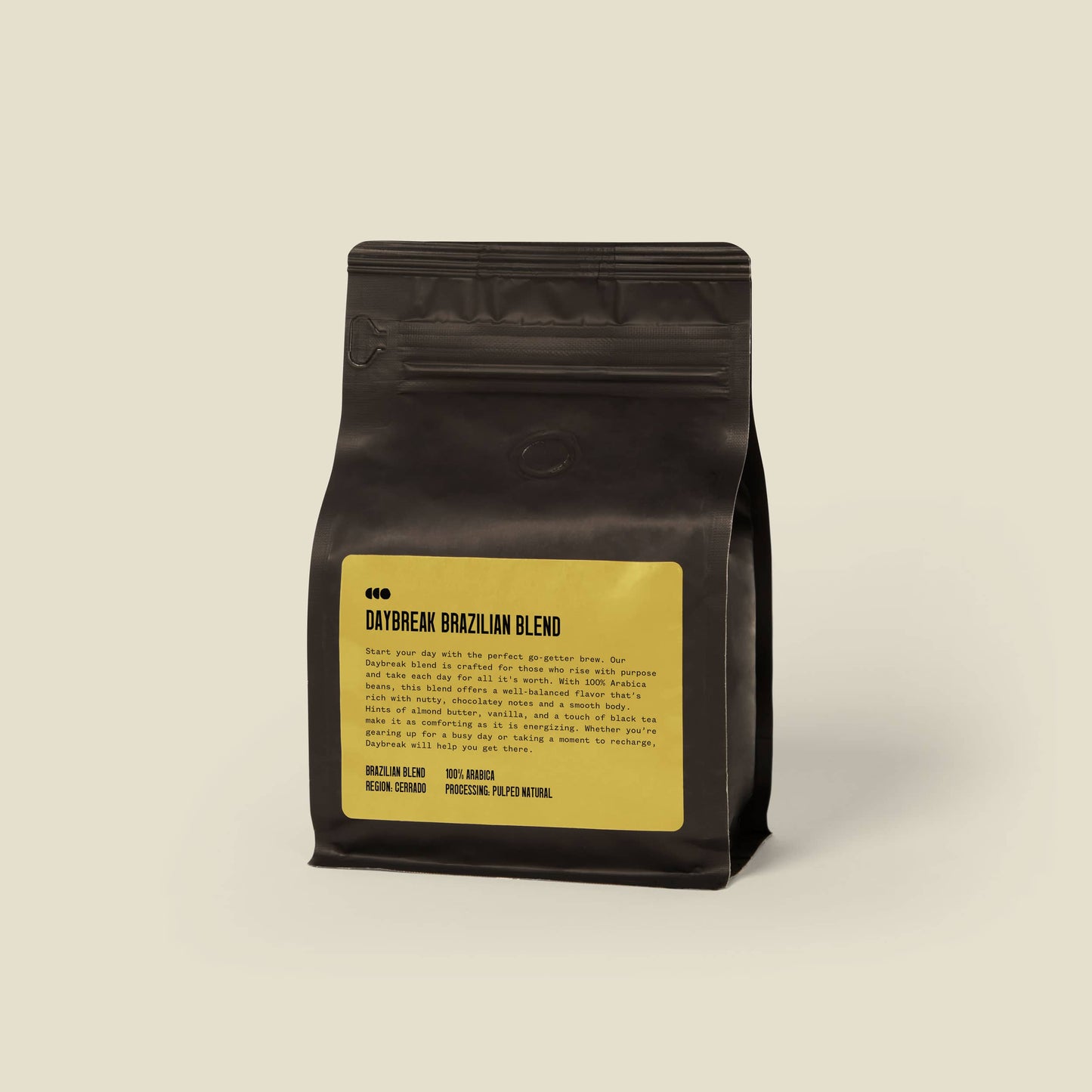 The back of Caveman Coffee's Daybreak Brazilian Blend bag